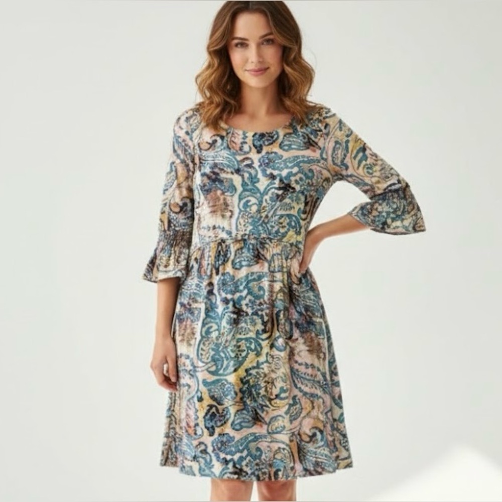 Peruvian Connection Dress L Pima Cotton Modal Blue Pink Paisley Smocked Boho‎
